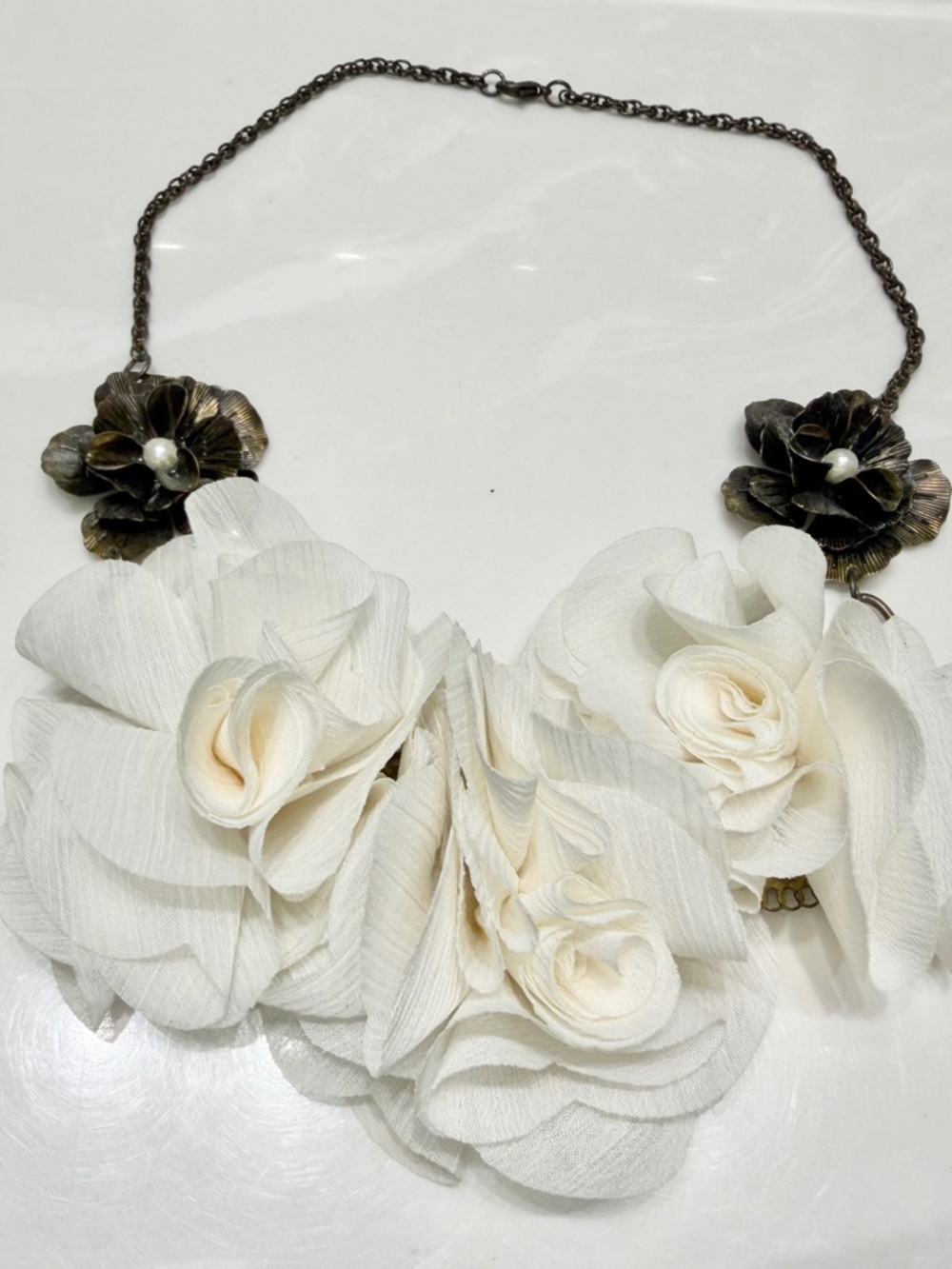 Ivory Floral Statement Necklace - White Fabric Roses